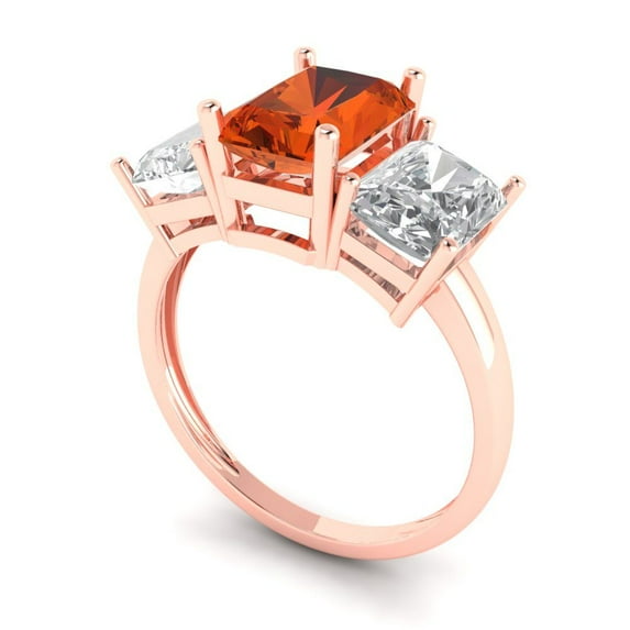 4.0ct emerald cut red Zircon 14k rose gold 3 stone Bridal Wedding Engagement Promise Anniversary Ring for Women size 10.25
