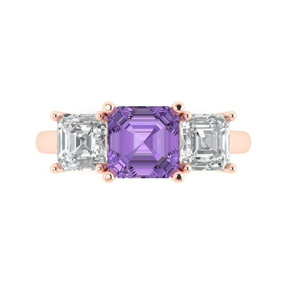Clara Pucci 14K Rose Gold Solid Gold Alexandrite Three-Stone Anniversary Ring for Women - 4 cttw Square Emerald Cut