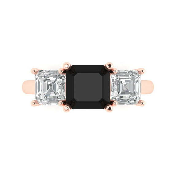 Clara Pucci 14K Rose Gold Solid Gold Onyx Three-Stone Anniversary Ring for Women - 4 cttw Square Emerald Cut