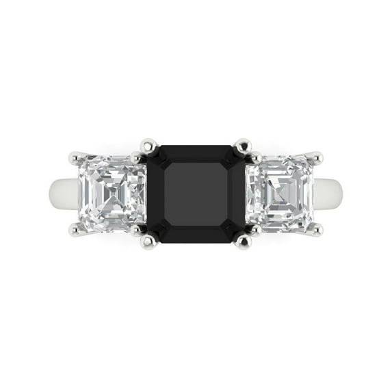 Clara Pucci 14K White Gold Solid Gold Onyx Three-Stone Anniversary Ring for Women - 4 cttw Square Emerald Cut
