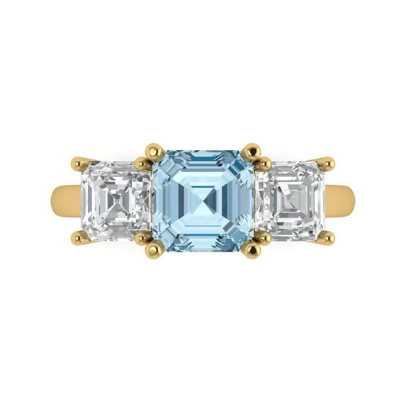 Clara Pucci 14K Yellow Gold Solid Gold Blue Three-Stone Anniversary Ring for Women - 4 cttw Square Emerald Cut