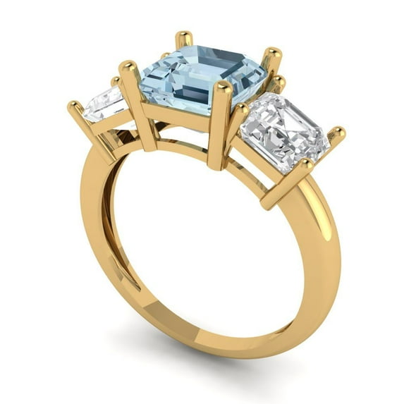 4.0ct square emerald cut blue Zircon 14k yellow gold 3 stone Bridal Wedding Engagement Promise Anniversary Ring for Women size 10.25
