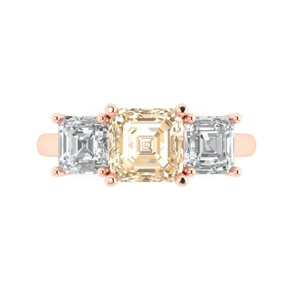 Clara Pucci 14K Rose Gold Solid Gold Morganite Three-Stone Anniversary Ring for Women - 4 cttw Square Emerald Cut