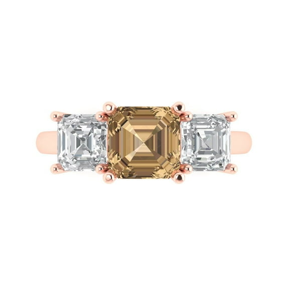 Clara Pucci 14K Rose Gold Solid Gold Champagne Three-Stone Anniversary Ring for Women - 4 cttw Square Emerald Cut