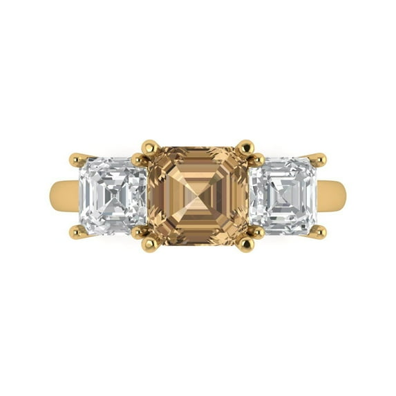 Clara Pucci 14K Yellow Gold Solid Gold Champagne Three-Stone Anniversary Ring for Women - 4 cttw Square Emerald Cut