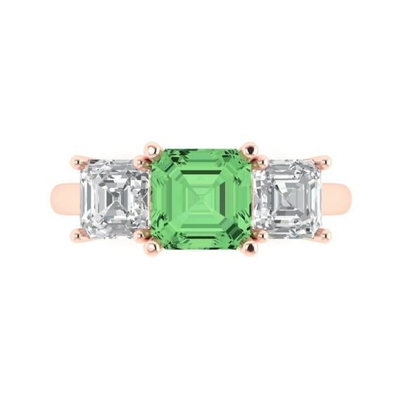 Clara Pucci 14K Rose Gold Solid Gold Green Three-Stone Anniversary Ring for Women - 4 cttw Square Emerald Cut