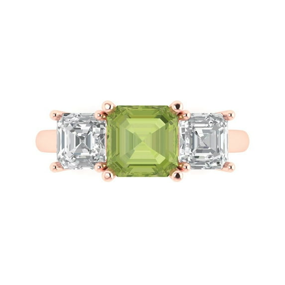 Clara Pucci 14K Rose Gold Solid Gold Peridot Three-Stone Anniversary Ring for Women - 4 cttw Square Emerald Cut