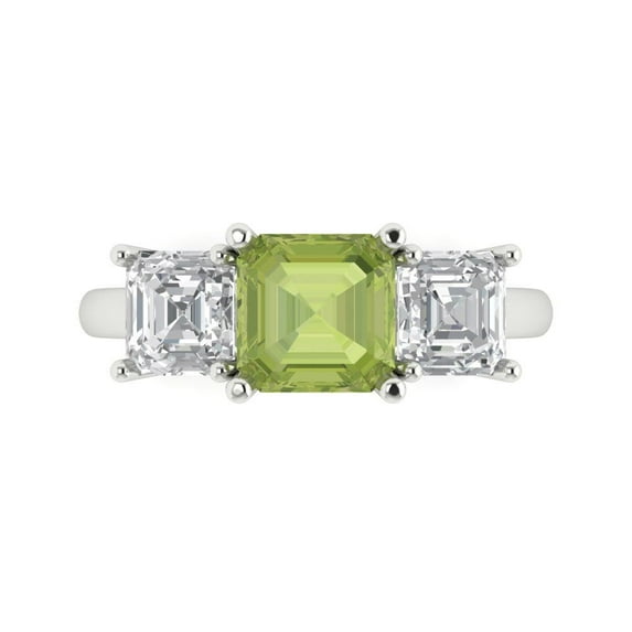 Clara Pucci 14K White Gold Solid Gold Peridot Three-Stone Anniversary Ring for Women - 4 cttw Square Emerald Cut