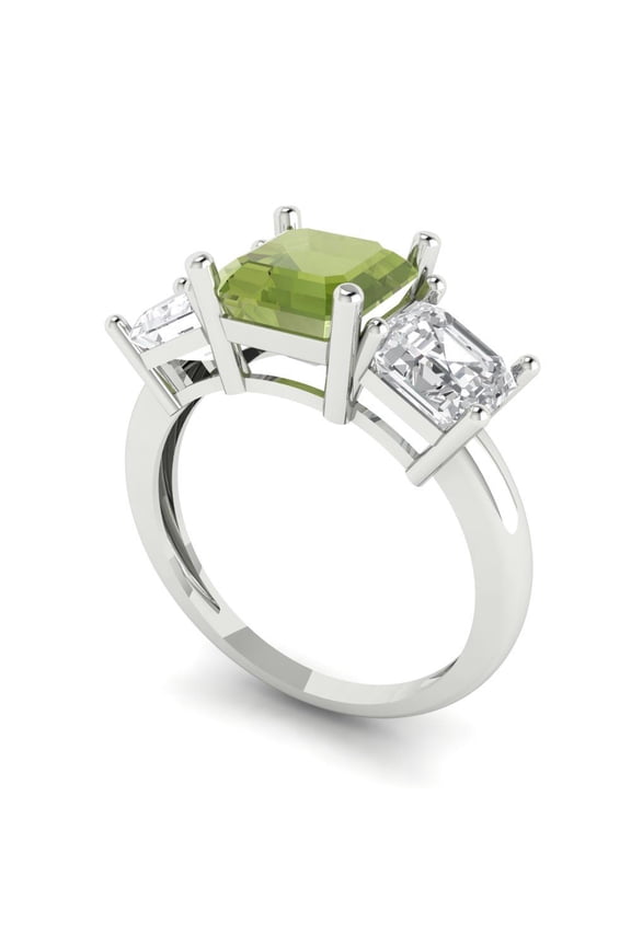 4.0ct square emerald cut green natural peridot 18k white gold 3 stone Bridal Wedding Engagement Promise Anniversary Ring for Women size 9.75