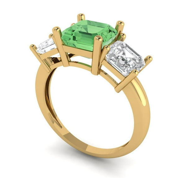 4.0ct square emerald cut green Zircon 14k yellow gold 3 stone Bridal Wedding Engagement Promise Anniversary Ring for Women size 7.25