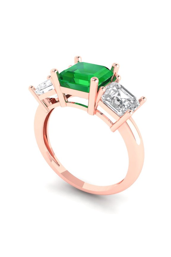 4.0ct square emerald cut green emerald 14k rose gold 3 stone Bridal Wedding Engagement Promise Anniversary Ring for Women size 8