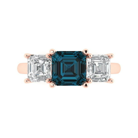Clara Pucci 14K Rose Gold Solid Gold LondonBlueTopaz Three-Stone Anniversary Ring for Women - 4 cttw Square Emerald Cut