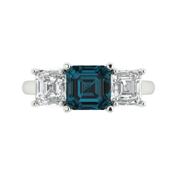 Clara Pucci 14K White Gold Solid Gold LondonBlueTopaz Three-Stone Anniversary Ring for Women - 4 cttw Square Emerald Cut