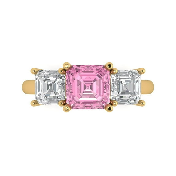 Clara Pucci 14K Yellow Gold Solid Gold Pink Three-Stone Anniversary Ring for Women - 4 cttw Square Emerald Cut