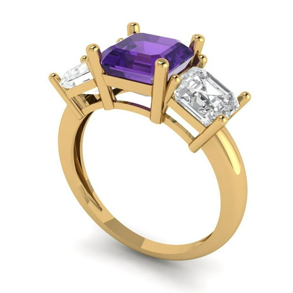 4.0ct square emerald cut purple natural amethyst 14k yellow gold 3 stone Bridal Wedding Engagement Promise Anniversary Ring for Women size 8.5