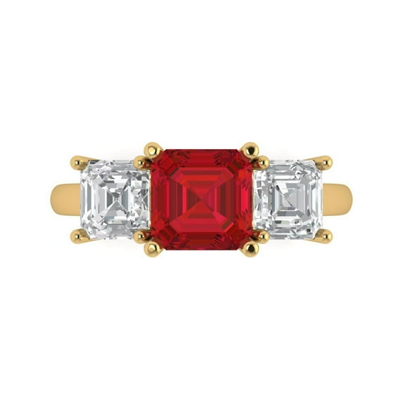 Clara Pucci 14K Yellow Gold Solid Gold Ruby Three-Stone Anniversary Ring for Women - 4 cttw Square Emerald Cut