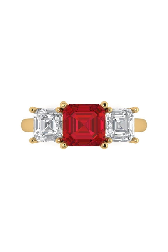 14K Yellow Gold Solid Gold Ruby Three-Stone Anniversary Ring for Women - 4 cttw Square Emerald Cut