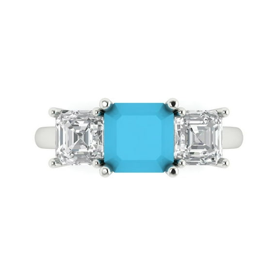 Clara Pucci 14K White Gold Solid Gold Turquoise Three-Stone Anniversary Ring for Women - 4 cttw Square Emerald Cut