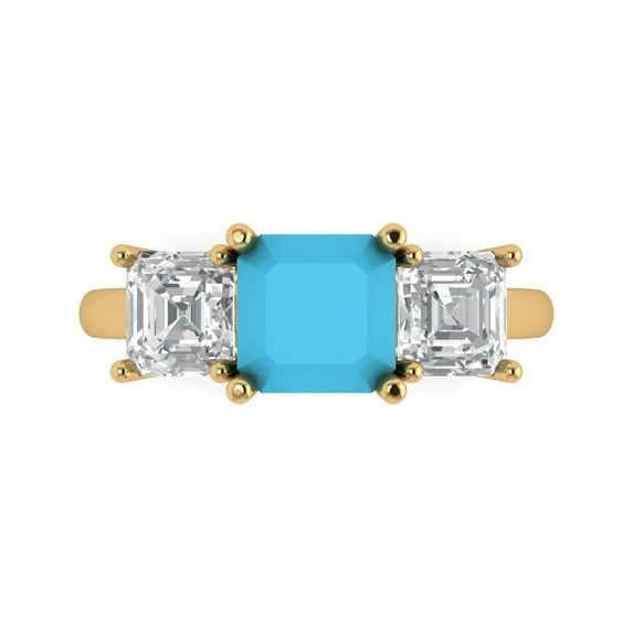 Clara Pucci 14K Yellow Gold Solid Gold Turquoise Three-Stone Anniversary Ring for Women - 4 cttw Square Emerald Cut