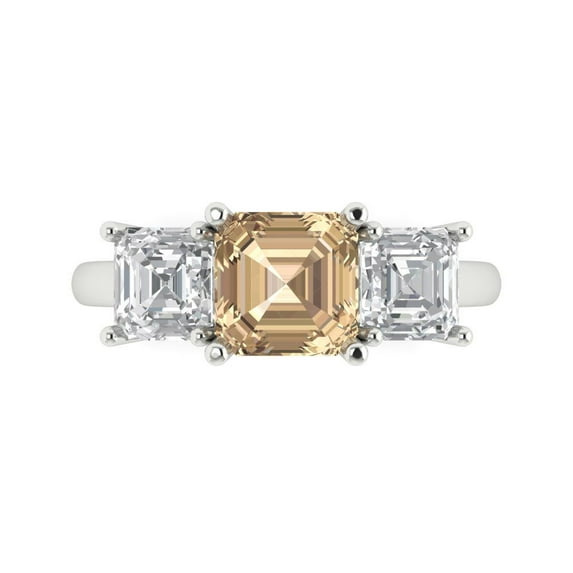 Clara Pucci 14K White Gold Solid Gold YellowMoissanite Three-Stone Anniversary Ring for Women - 4 cttw Square Emerald Cut