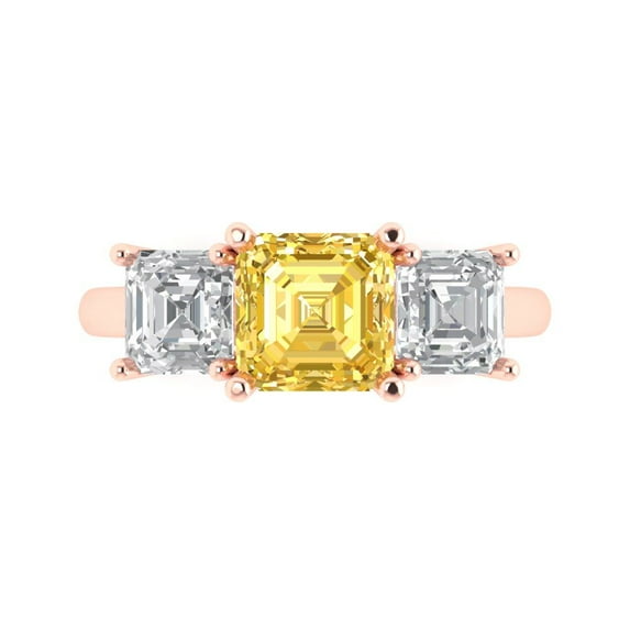 Clara Pucci 14K Rose Gold Solid Gold Citrine Three-Stone Anniversary Ring for Women - 4 cttw Square Emerald Cut