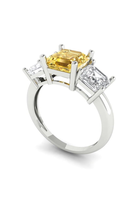 4.0 ct Brilliant Square Emerald Cut VVS1 Natural Citrine 14k White Solid Gold Three-Stone Wedding Bridal Anniversary Engagement Ring size 8.75