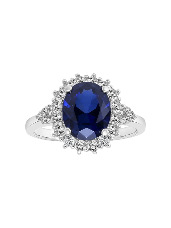 4 1/10 Carat T.G.W Created Blue & White Sapphire and Diamond-Accent Halo Sterling Silver "Indigo Gem" Engagement Ring