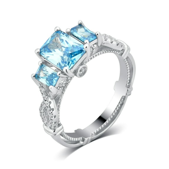 4 1/10 Carat T.W Created Aqua and Cubic Zirconia Sterling Silver Engagement Ring