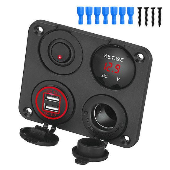 4 in 1 12V Switch Panel, QC3.0 Dual USB Fast Car Charger with LED Voltmeter, ON/OFF Toggle Switch & Cigarette Lighter Socket, Waterproof Multifunctional Power Outlet Panel for Car Boat Marine Truck R