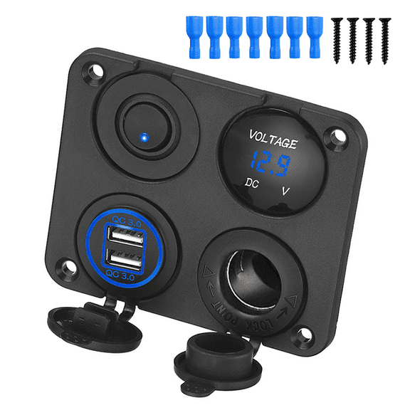 4 in 1 12V Switch Panel, QC3.0 Dual USB Fast Car Charger with LED Voltmeter, ON/OFF Toggle Switch & Cigarette Lighter Socket, Waterproof Multifunctional Power Outlet Panel for Car Boat Marine Truck R