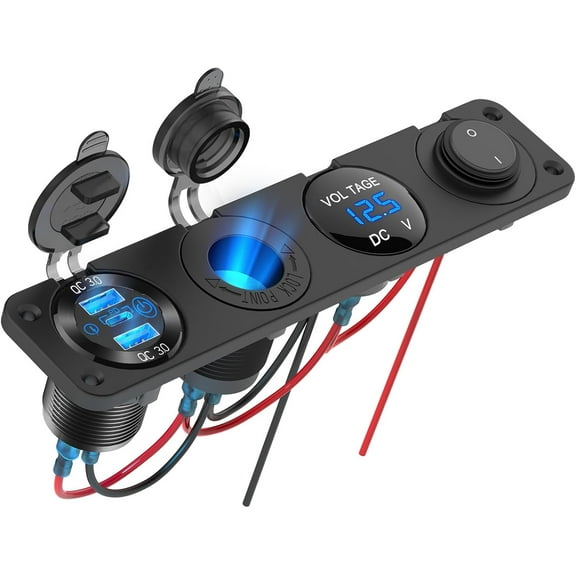 4 in 1-12V USB Outlet RV Acories Marine Switch Panel Plug, PD3.0 and Dual QC3.0 Car USB Port Aluminum Charger, Lighted 150W Cigarette Lighter Socket, Blue LED Voltmeter and Toggle Switch DIY Kit
