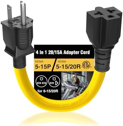 [4 in 1] 15 Amp to 20 Amp Plug Adapter Heavy Duty Extender T Blade Cable 5-15P to 5-15/20R, 5-15P to 6-15/20R AC Power Household Converter, 15A 125V to 20A 250V USA 3Pin Male UL CUL Listed 1FT
