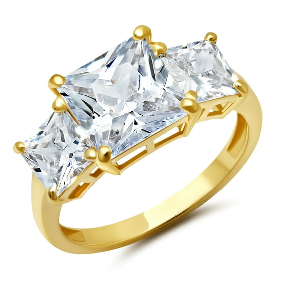 4 1/2 Carat Princess Cut Cubic Zirconia Three Stone Ring for Women in 10k Yellow Gold (4.5 ct.tw) Anniversary or Engagement Ring in CZ Size 7 by MAX + STONE