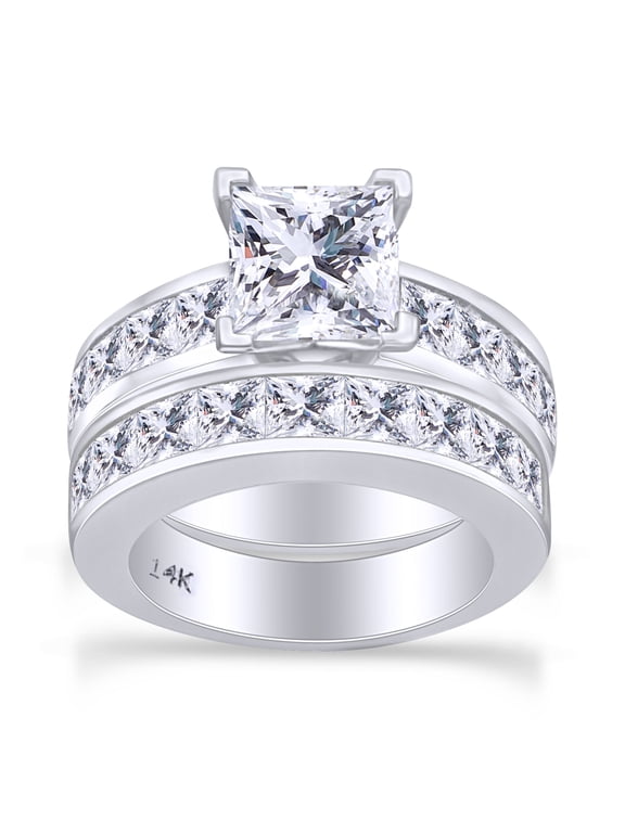 4 1/2 Carat Princess Cut White Natural Diamond Bridal Engagement Ring Set In 14k Solid White Gold (4.50 Cttw) Ring Size-7