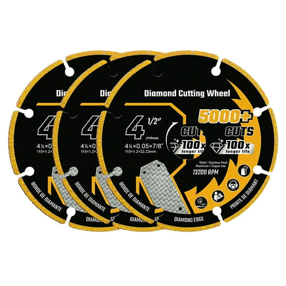 4-1/2" Cut Off Wheel, Diamond Cutting Wheel for Metal with 5000+ Cuts on Rebar, Steel, Iron and INOX, Metal Cutting Blade with 7/8" Arbor for Angle Grinders (Pack of 3)