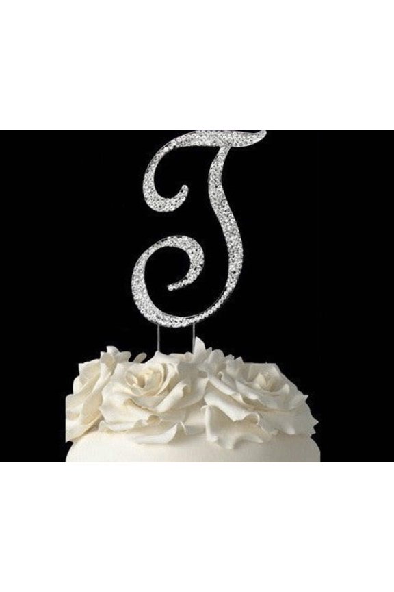 4-1/2" Large Letter T Rhinestone Cake Topper Silver
