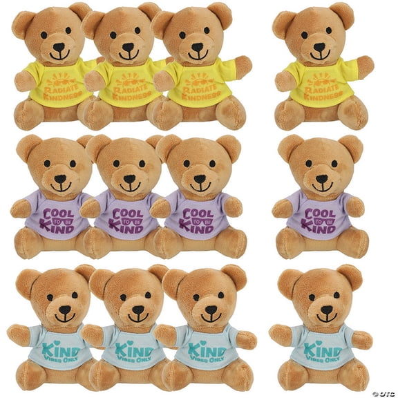 4 1/2" Stuffed Brown Bears in Colorful Kindness Shirts 12 Pieces