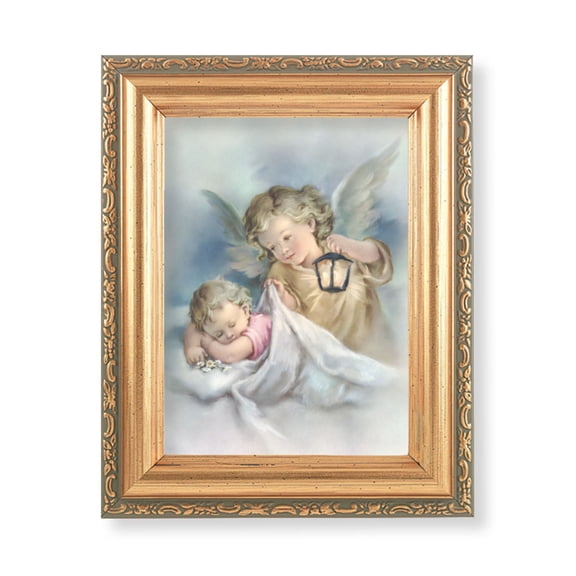 4-1/2" x 6-1/2" Gold Antique Frame with a Guardian Angel with Lantern Print