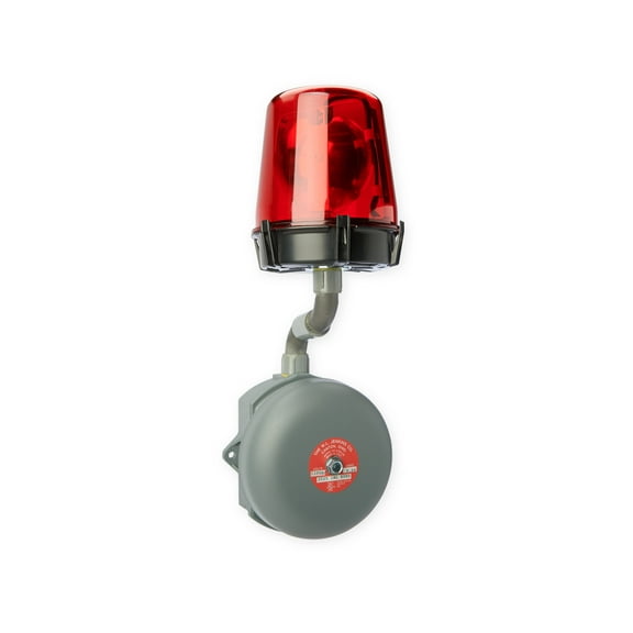 4-1/4″ Industrial Indoor or Outdoor Bell with RED Warning Light (6″ Model with red lens shown)