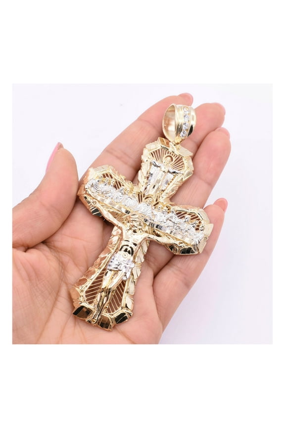 Last Supper Textured Cross Nugget Pendant Unisex Adult 10K Two-Tone Gold, 25.62 Gr - Goldum NYC