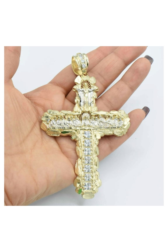 CZ Nugget Last Supper Virgin Mary Cross Unisex Adult Pendant 10K Two-Tone Gold,21.62 Gr Goldum NYC
