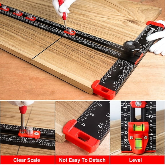 4 in 1 Adjustable T-Square Measuring Tools, 24in Aluminum Drilling Positioning Ruler, Cabinet Hardware Jig, Marking Gauge Tools for Woodworking, Include Portable Storage Bag. (Black)