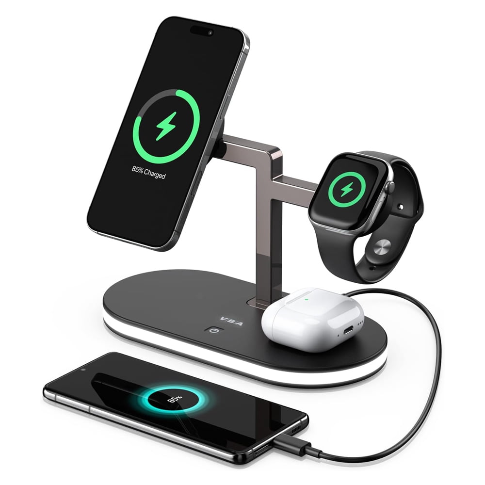 4 in 1 Aluminum Alloy Magnetic Wireless Charger Stand for Charger Stand Sdxps Fast Wireless Charging Station for iPhone 15 14 13/12 Series Apple Watch Airpods with LED Lamp 18W Adapter Black