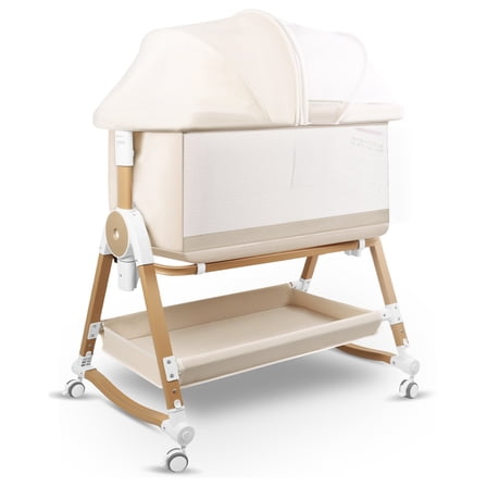 4 in 1 Baby Bassinet Bedside Sleeper W/ Wheels, Storage Basket, Adjustable 7 Heights, Mosquito Net, Breathable Mesh Cradle for Infants Toddler,Beige