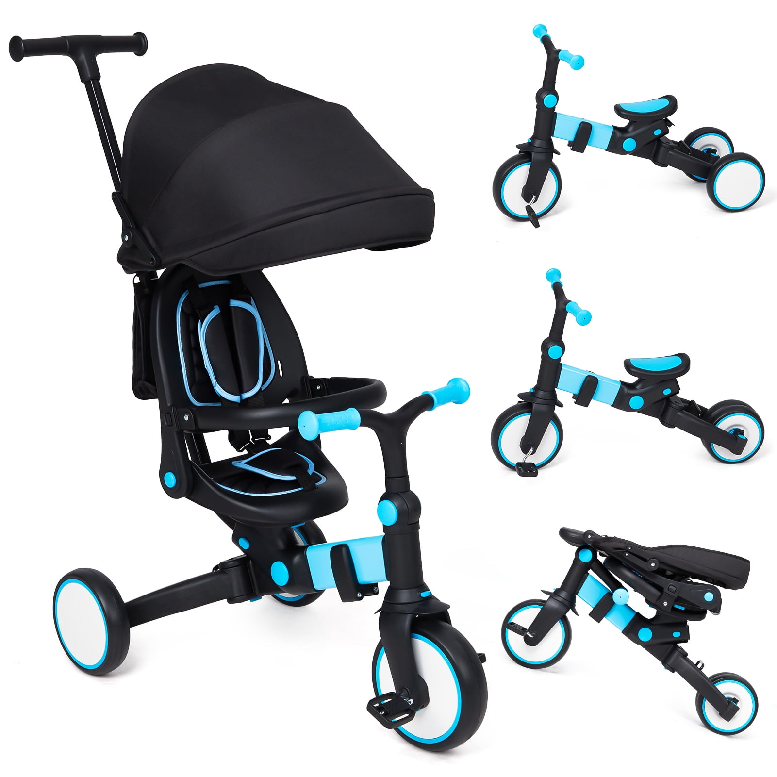 Baby Carriage 3-in-1 Multifunctional Ride-On Tricycle with Push Handle & Canopy – Blue main image 1