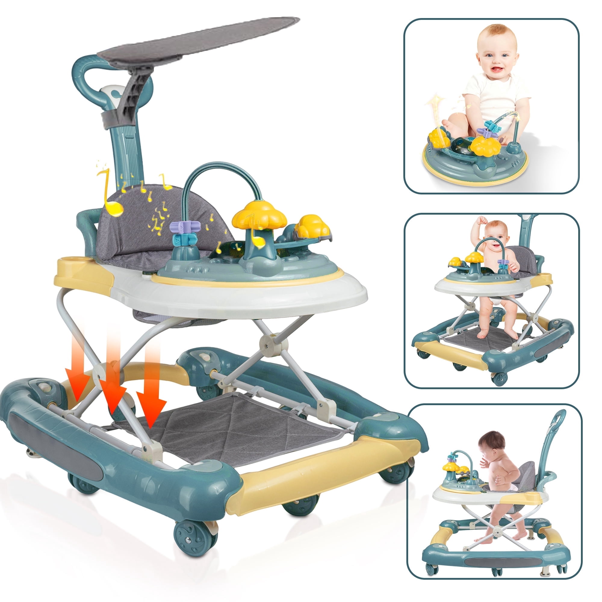 GIATUEE 4 in 1 Baby Walker with Wheels, Foldable Walker for Baby Boys Girls, 7 Months+(Blue)