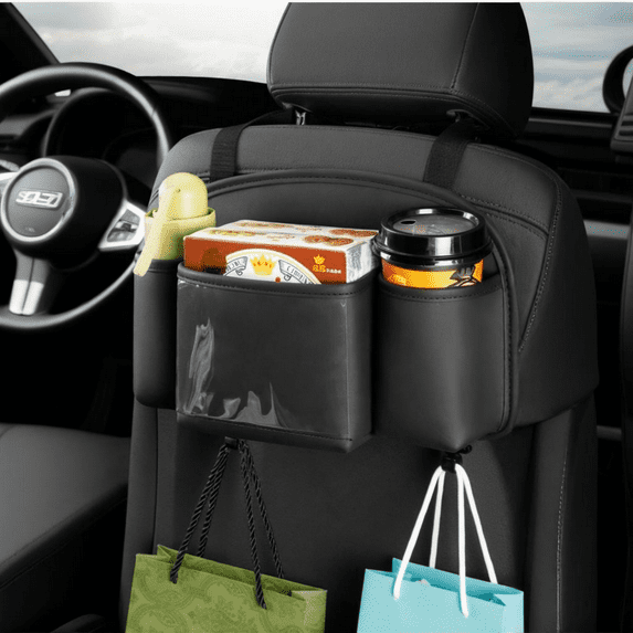 4 in 1 Back Seat Organizer, Upgraded Multifunctional Car Seat Back Storage Box, Car Organizers and Storage Box with 2 Cup Holders, with Tissue Boxes and Hook, Drink Holder for Car with Most Vehicles