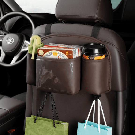 4 in 1 Back Seat Organizer, Upgraded Multifunctional Car Seat Back Storage Box, Car Organizers and Storage Box with 2 Cup Holders, with Tissue Boxes and Hook, Drink Holder for Car with Most Vehicles