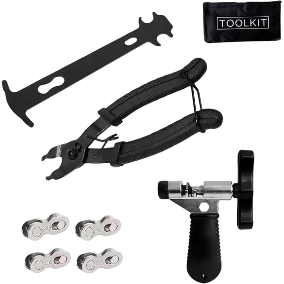 (4 in 1 Bicycle Chain Tool Set) Bike Chain Breaker Splitter Tool+ Chain Checker+ Link Plier + 4 Pairs Missing Links Bicycle Link Opener Closer Plier Connector Wear Indicator Chain Cutter