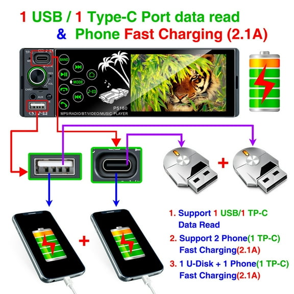 4.1" Bluetooth Media Player Subwoofer FM Radio MP3 WMA MP4 MP5 Receiver +Camera